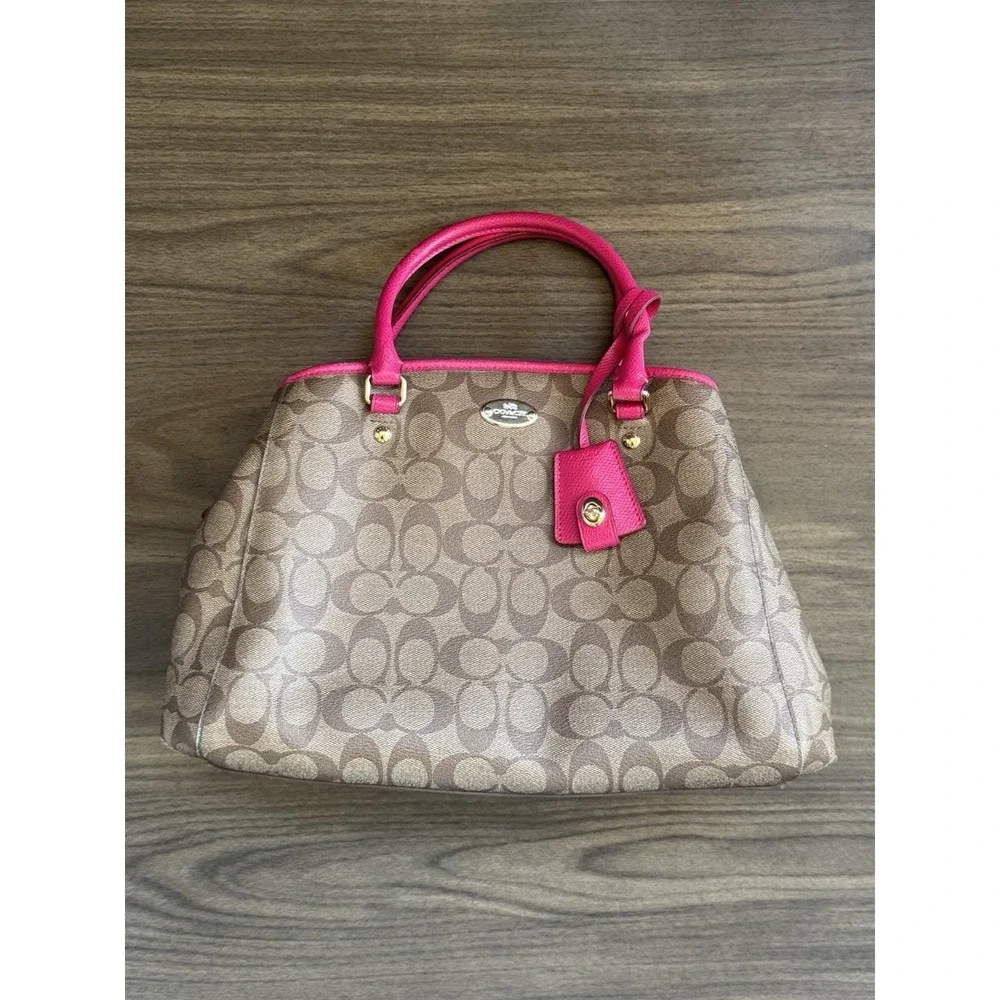 Authentic COACH Signature Shoulder Hand Bag Leather Brown Pink‎